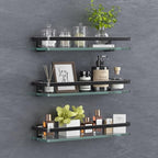 VOLPONE Bathroom Wall Shelf 15.7in Bathroom Glass Shelves Wall Mount Glass Shelf Rustproof Bathroom Wall Organizer 3 Tier (Black) - style: 3 tier without towel bar black
