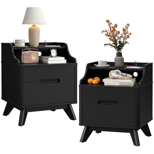 Black Night Stand with Charging Station, 21" Nightstand with Drawer/Open Shelves, Modern Nightstand w/2 Storage Drawers for Bedroom, Wood Bed Side Table End Table Bedside Table for Dorm, Home Office - color: Black, size: 15.8"D x 17.7"W x 21.7"H (2 Drawer