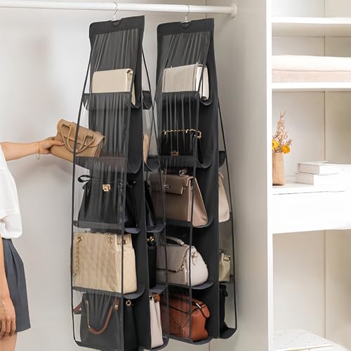 HAN SHENG 10 Pockets Clear Handbag & Purse Organizer Hanging Bag Storage - Space Saving Hanging Shelf for Closet, Wardrobe, Over Door (1 Pack, Black) - color: Black, size: 10 Pockets-1pc