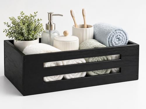 Toilet Paper Storage Box with Handles, Wooden Wicker Toilet Tank Basket, Bathroom Basket Organizer for Countertop, Decorative Wicker Bins for Bathroom or Guest Room-Black - color: Black