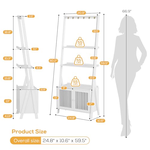 Bookcase with Drawers, 4-Tier Bamboo Bookshelf Ladder Shelf with 6 Hooks, 59.5"H x 24.8"L x 10.6"W, Tall Narrow Freestanding Standing Storage Organizer for Living Room, Office, Bedroom, White - color: 4-tier White