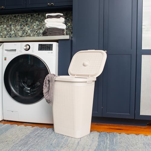 Mind Reader Slim Laundry Hamper with Lid, 50L Clothes Basket, Premium Wicker Design, Plastic, Ivory - color: Ivory