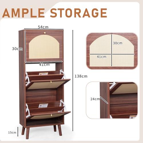 Karl home Shoe Rack Storage Organizer, Rattan-Panel 3-Tilt-Out Shoe Storage Cabinet, Hidden Shoe Storage for Entryway,Ideal for Heels,Slippers,Casual Shoes, Brown - color: Brown, size: 3-Tilt-Out