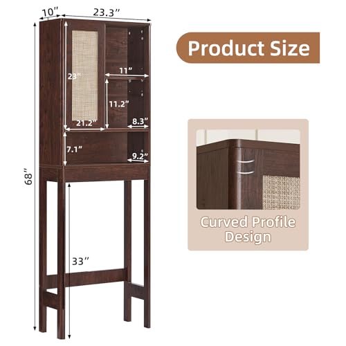 LEYAOYAO Rattan Over The Toilet Storage Cabinet, Farmhouse Over Toilet Bathroom Organizer with Sliding Door, 68" Tall Freestanding Washer Shelf with Adjustable Shelf & Curved Profile, Walnut - color: Walnut, size: 10"D×23.3"W×68"H