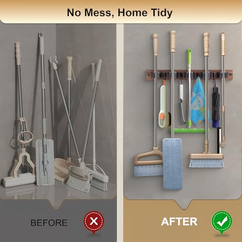 FunCee Broom Holder Wall Mount With 5 Slots & 4 Hooks，Rustic Wood Broom & Mop Hanger，Wall Mounted Garden & Garage Tool Storage Organizer Rack for Closet Laundry Room or Kitchen Wall Decor - color: Brown