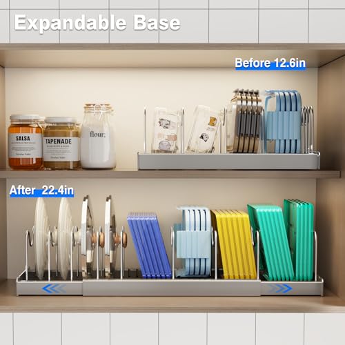 Mustorn 2 Pack Pots and Pans Organizer Under Cabinet, 22" Expandable Food Storage Container Lid Organizers with 9 Adjustable Dividers Pot and Pan Lid Holders Rack Inside Cabinet/Countertop(Gray) - color: Gray(Expandable), size: 2 Pack