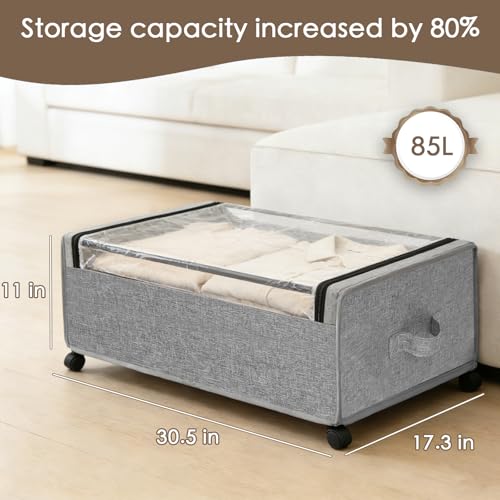 Under Bed Storage with Wheels, 2-Pack Under the Bed Storage Containers with Clear Lids & Label, Underbed Storage Bins, XXXL 85L 11 inches Rolling Metal Drawer for Clothes, Shoes, Toys, Books - Gray - color: grey, size: 11 inch-height