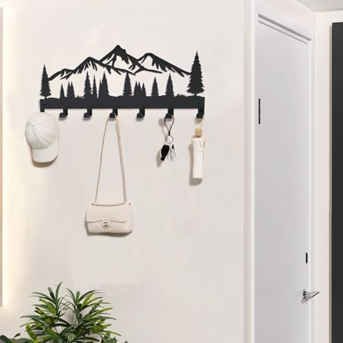 Key Holder for Wall, Metal Wall Hooks Organizer Rack with 7 Hooks for Keys, Coats, Bags – Decorative Home Decor for Entryway, Hallway, Kitchen, Living Room (12 Inches, Mountain) - color: Mountain, size: 12 Inch