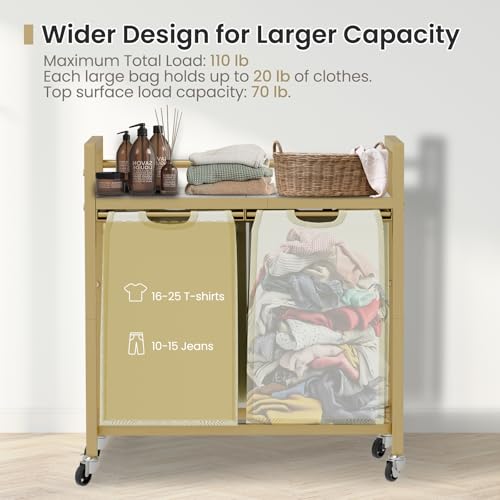 SwaaVee Laundry Hamper, Laundry Basket, Laundry Sorter with 3 Removable Bags, Clothes Basket with 3 Compartments, Wheels, Shelf for Laundry Room Bathroom Bedroom (2 Bags-Golden) - color: 2 Bags-Golden