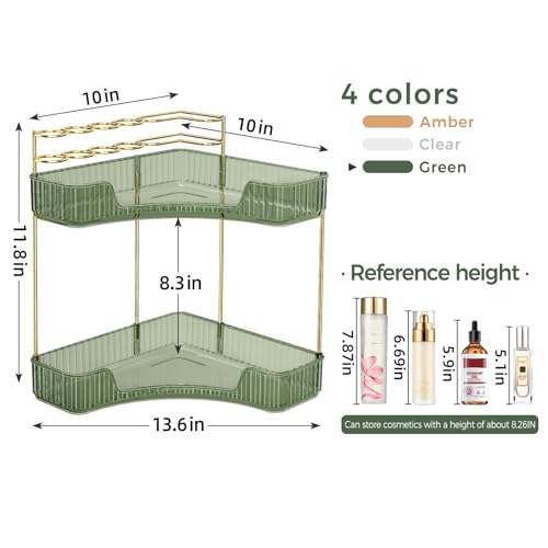 BEFSOP Corner Bathroom Counter Organizer, Upgraded 2-Tier Makeup Organizer Countertop with Makeup Brush Holder, Skincare Exquisite Vanity Organizers Countertop Bathroom Storage Dresser(Green) - color: Green, size: 2 Tier