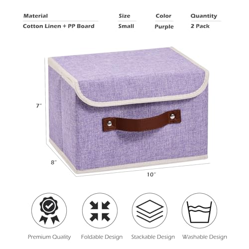 2PCS Storage Boxes with Lid Cotton Linen Fabric Storage Bins Organizer Container Decorative Collapsible Washable Shelf Closet Baskets Faux Leather Handles Home Bedroom (Purple, Small) - color: Purple, size: Small (Set of 2)