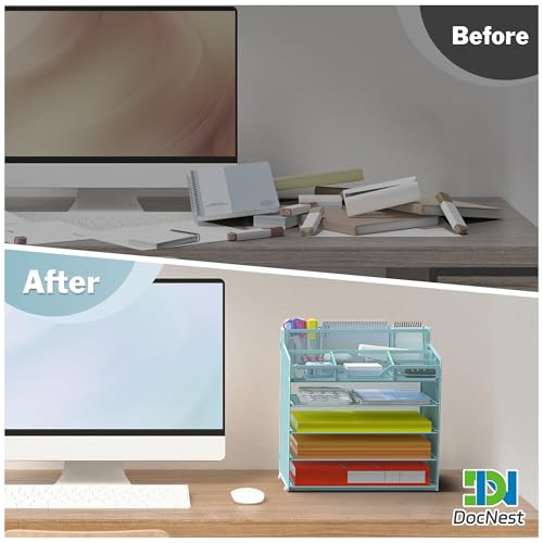 Docnest 5 Tier Mesh Desk Organizer for Paper Office Supplies – Multi-Functional Letter Tray with 5 Adjustable Compartments, 3 Pen Holders, Desktop Storage for Files, Mail, Stationery – Blue - color: Blue, size: 12.7" x 9.1" x 13.2"