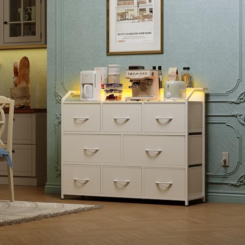 WLIVE Led Dresser for Bedroom, White Dresser TV Stand for Bedroom with LED Lights and Power Outlet, Wide Chest of Drawers for Hallway, 8 Fabric Drawers for Living Room and Entryway, Easy to Assemble - color: White, style: 8 Drawers with LED