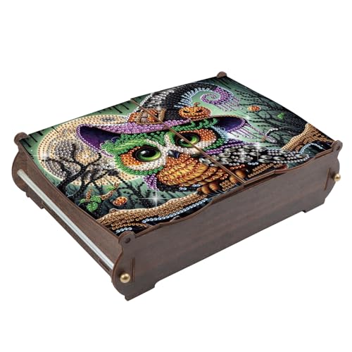 antor DIY Diamond Painting Wooden Storage Box, Halloween Owl Special Shaped Rhinestone Art Flip Cover Jewelry Organizer, Handmade Desktop Diamond Art Storage Box - color: Owl Halloween