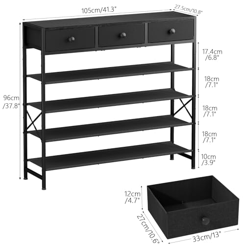 Shoe Rack, 5 Tier Shoe Organizer with 3 Drawers, Metal Shoe Storage for 24-30 Pairs of Shoes with Fabric Shelves and Wooden Top, Narrow Shoe Shelf for Closet Entryway Black - color: Black, size: 5 Tier(41.3 × 10.8 × 37.8)