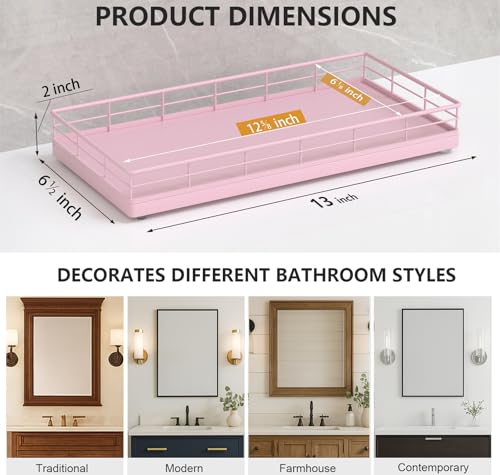 Toilet Paper Basket Organizer – Oak Wood Toilet Tank Tray with Metal Frame, Bathroom Counter Top Storage for Toilet Paper, Wipes & Decor, Modern Narrow Back of Tank Shelf Organizer, Pink - color: Pink, size: 13" x 6.5" x 2"