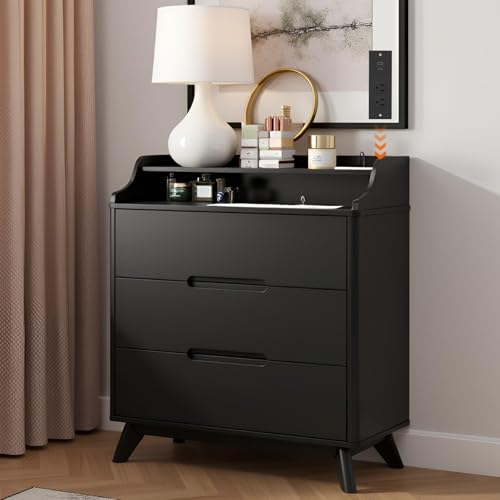3 Drawer Dressers for Bedroom, 32" Large Wood Dresser w/Charging Station, Open Shelf Top, Pre-Installed Slides, Wide Modern Dressers with 3 Drawer Storage Organizer for Bedroom Living Room, Black - color: Black, size: 16"D x 32"W x 35"H (3 Drawers)