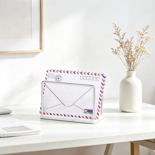 Modern Mail Holder for Home Office, Metal Letter Organizer Sorter for Desk, Cutout Mail Envelope Design, Bill Filling Paper Document Rack, Envelope Storage Rack with Marble Base (Chrome) - color: Chrome