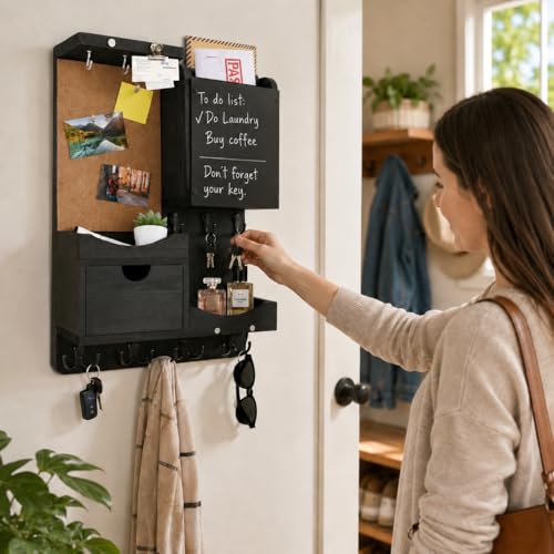 Key Holder Wall Mount, Mail Organizer Key Holder for Wall with Shelf, Drawer, Chalkboard, Corkboard, Home Decor Mounted for Room Entryway (Black) - color: Black, size: Vertical