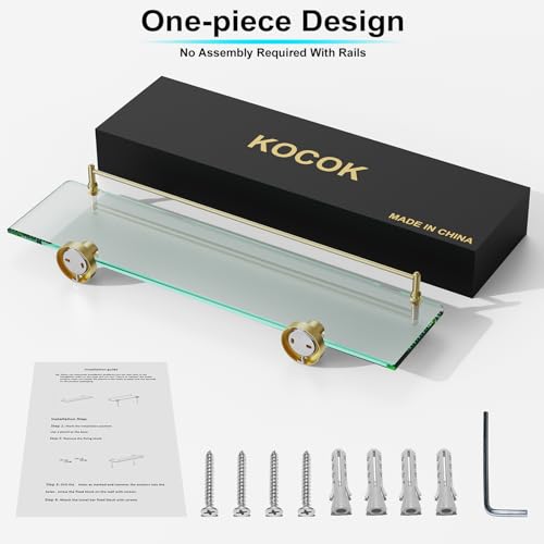 20 Inches Glass Shelves for Bathroom, Brushed Gold Floating Glass Shelf Stainless Steel Tempered Glass Bathroom Shelves for Wall Mount Modern - color: Brushed Gold, size: 20"with railing