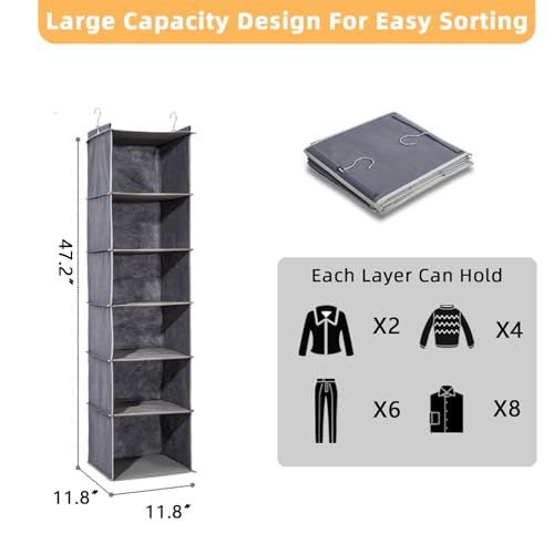2 Packs Hanging Closet Organizer, 6-Shelf Closet Organizers and Storage with Side Pockets, Collapsible Hanging Shelves for Closet & RV & College Dorm,Grey - color: Grey, size: 2 # 6 Shelves