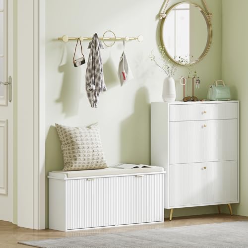 HOMCOM Shoe Bench with Padded Seat Cushion and 2 Flip-Drawers, Entryway Bench Holds up to 529lb, Shoe Cabinet, 40.9x10.2x18.7 Inches, White - color: White, size: 40.9" x 10.2" x 18.7"