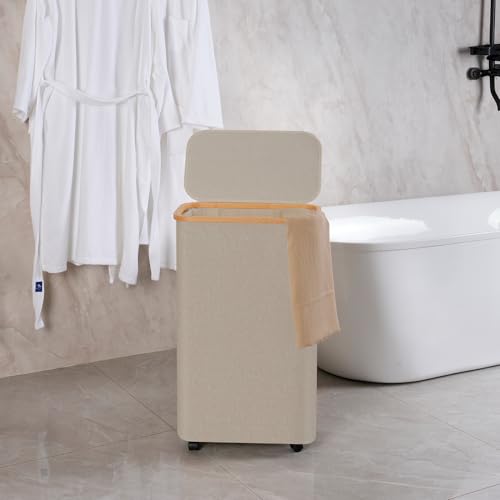 efluky Slim Laundry Hamper with Wheels, Narrow Laundry Basket with Lid and Removable Bag, Aesthetic Dirty Clothes Hamper on Wheels for Laundry Room, Bedroom, Dorm and Bathroom, 75L Beige - color: Oatmeal, size: 75L