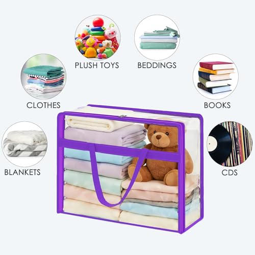 SGHUO Clear Storage Bags 60L Extra Large Plastic Vinyl Blanket Storage Bag for Clothes, Comforter, Bedding, Moving Bags with Zipper and Reinforced Handle (4pcs, Purple) - color: D-Purple