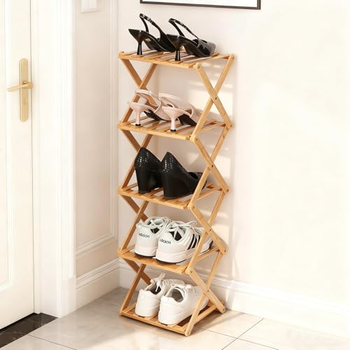 Bamboo Shoe Rack 5 Tier Foldable Shoe Rack Vertical Bamboo Shoe Organizer Free Standing Shelf for Entryway, Closet, Bedroom, Wood Color - color: Wood Color, size: 5-tier