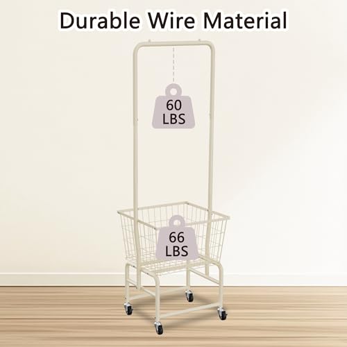 Rolling Laundry Cart with Wheels, Laundry Hamper Basket Organizer with Clothes Hanging Rack, Wire Storage Cloth Shelf Butler, Cream - color: Cream