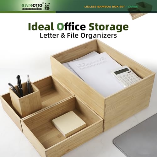 BAMOTTO CRAFTBAMBOO 3-Piece Large Bamboo Storage Box Set - 7.1in High Stackable Deep-Drawer Organizer, Lidless Bamboo Bin for Kitchen Cutlery Utensils Knives (14.6"x10.2"x7.1"*1 + 10.2"x7.3"x3"*2) - color: 3-Piece Bamboo Box Set - Large, size: 14.6"L x 10