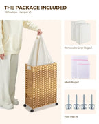 Greenstell Laundry Hamper with Wheels, 11.9 Gallon (45L) Small Clothes Hamper with 2 Removable Liner Bags & 2 Mesh Bags, Slim Rattan Laundry Basket for Bathroom, Bedroom, Natural - color: Natural, size: 45L (15.8 x 7.9 x 23.6 inches)