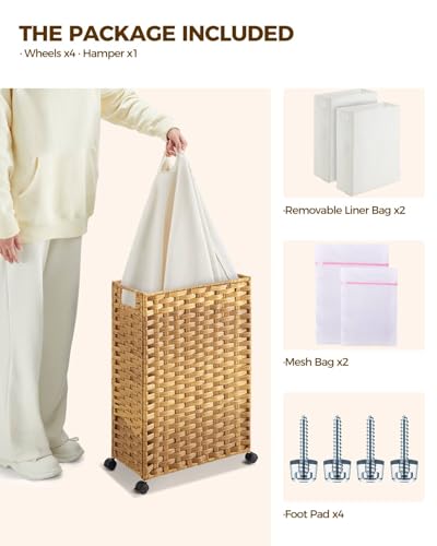 Greenstell Laundry Hamper with Wheels, 11.9 Gallon (45L) Small Clothes Hamper with 2 Removable Liner Bags & 2 Mesh Bags, Slim Rattan Laundry Basket for Bathroom, Bedroom, Natural - color: Natural, size: 45L (15.8 x 7.9 x 23.6 inches)