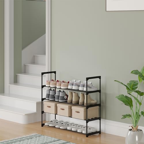 Calmootey 4-Tier Shoe Rack, Tall Large Capacity 20 Pairs Shoes Storage Organizer, Stackable Wide Shoe Shelf for Entryway, Hallway, Black - size: 4-Tier