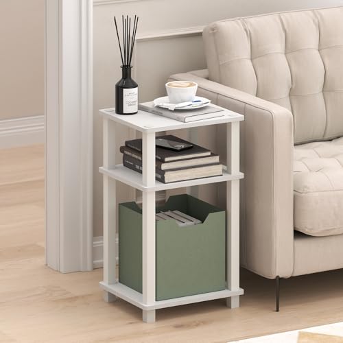 Furinno JUST Side Table, 3-Tier Open Shelf End Table, Toolless Assembly Night Stand, Bedside Table with Square Tube, for Living Room, Bedroom, White - color: White/White, size: 3-Tier, Square Pole, style: 1-Pack