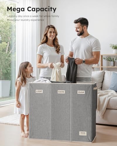 SOLEDI 200L 3-Section Laundry Hamper with Lid, Extra Large Dirty Clothes Basket with Sturdy Handles for Laundry Room & Bedroom - Durable Organizer for Sorting Laundry - color: Grey, size: 200L