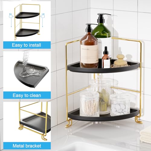 FSyueyun 2-Tier Corner Bathroom Counter Organizer, Tool-Less Installation Vanity Shelf Small Plastics Countertop Makeup Tray Skincare Perfume Organizers (Gold & Black) - color: Gold & Black