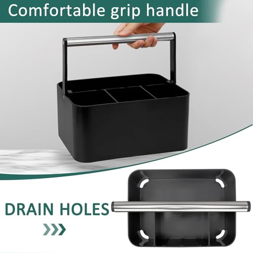BYUNER Black Shower Caddy Portable: Plastic Bathroom Caddy Countertop,Cleaning Caddy Organizer with Handle,Utility Hard Shower Basket Storage Tote for Toiletry,College Dorm Room Essential for Guys/Men - color: Black / Silver Handle