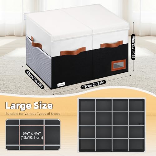 Supowin Shoe Organizer for Closet, Foldable Shoe Storage Bins with Lid & Adjustable Dividers, Fabric Shoe Box Storage Containers with Four Reinforced Handles, Fits 16 Pairs, 1 Pack, Black & White - color: Black & White, size: 21"L x 17"W x 13"H