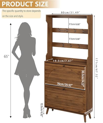 Fsbecl Shoe Cabinet for Entryway with 2 Flip Drawers & Coat Rack, Narrow Hidden Shoe Storage Cabinet with Fluted Panel, 2-in-1 Hall Tree Slim Freestanding Shoe Rack Organizer for Hallway, Walnut - color: Walnut- Double Layer With Rack