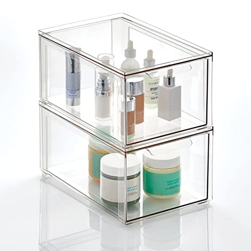 mDesign Plastic Stackable Bathroom Storage with Pull Out Bin Organizer Drawer for Cabinet, Vanity, Shelf, Cupboard, Cabinet, or Closet Organization - Lumiere Collection - 2 Pack - Clear - size: 8 x 12 x 6 (Pack of 2)