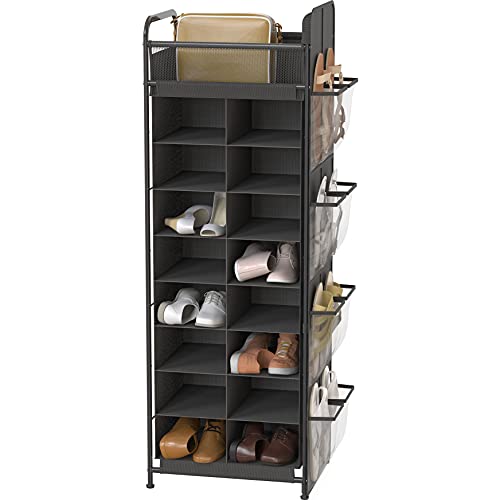 Simple Houseware 16 Cube Shoe Stand Tower Rack 8 Tier with Top Shelf and Side Hanging Pockets, Dark Gray - color: Dark Gray