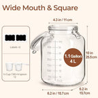 ComSaf 1 Gallon Square Glass Jars with Airtight Lids (135oz, Set of 2), Extra-Wide Mouth Canisters with Measurement Marks for Bulk Flour Storage, Fermenting Kombucha & Pickling - size: 1.1 Gal*2-Wide Mouth