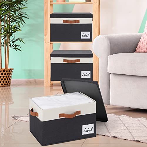 GhvyenntteS Extra Large Storage Bins with Lids, Foldable Fabric Storage Boxes with Lids and Handles, Storage Baskets with Lid and Label for Home Office (3 Pack, Black, 15.75" x 11.8" x 10.2") - color: Black with White, size: Extra Large-3 Pack