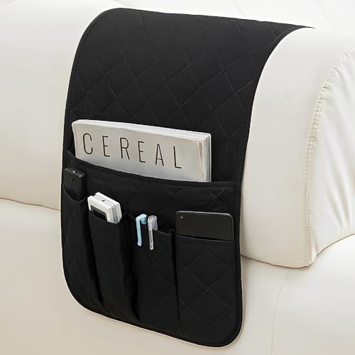 RETON Sofa Armrest Organizer with 5 Pockets, Non Slip Remote Control Caddy with 8 Pieces of Hook and Loop Fasteners, Armchair Caddy Holder Storage for Magazine Recliner Book TV Phone (Black) - color: Black