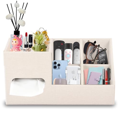 Plus Size Tissue Box Cover-Square Linen Tissue Cover with Side Storage and Tray,Modern Makeup Organizer,Leather Tissue Holder Decorative Cube Organizer for Living Room Vanity NightStand Office,Beige - color: Beige