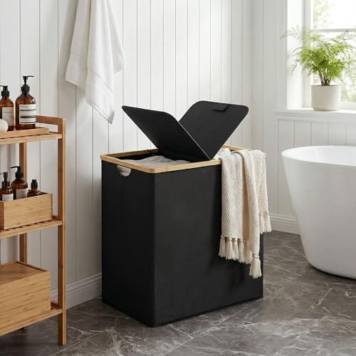 efluky Laundry Hamper with Lid, Double Laundry Hamper with 2 Removable Bags, 2 Section Laundry Basket with Bamboo Handles for Bathroom, Bedroom & Laundry Room, 140L (36.9 Gallon) Black - color: Black, size: 140L Dual