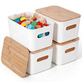 Citylife Storage Bins with Bamboo Lids 7QT Plastic Storage Containers Stackable Organizer Boxes with Handle for Desk Snacks, Toys, 4 PCS, 10" L x 7" W x 5.8" H - size: Small, style: 4 Pack