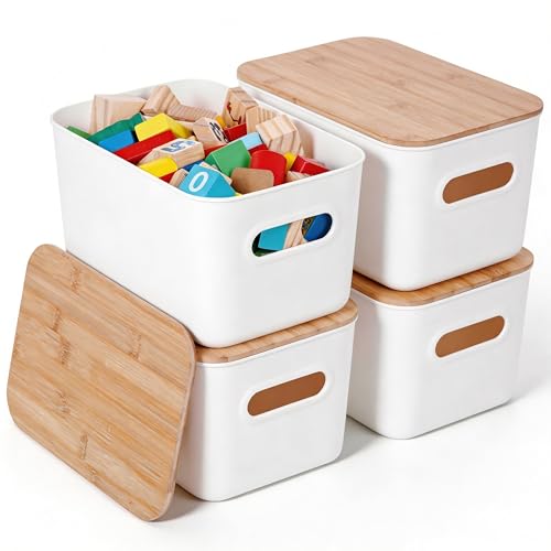 Citylife Storage Bins with Bamboo Lids 7QT Plastic Storage Containers Stackable Organizer Boxes with Handle for Desk Snacks, Toys, 4 PCS, 10" L x 7" W x 5.8" H - size: Small, style: 4 Pack