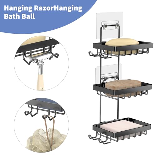 Moforoco 3-Tier Black Soap Bar Holder for Shower, No Drilling, 304 Stainless Steel, Wall Mounted Soap Holder with 4 Hooks and Razor Holder, Shower Rack Soap Tray Bar Soap for Bathroom Accessories - color: Black, size: 3-T